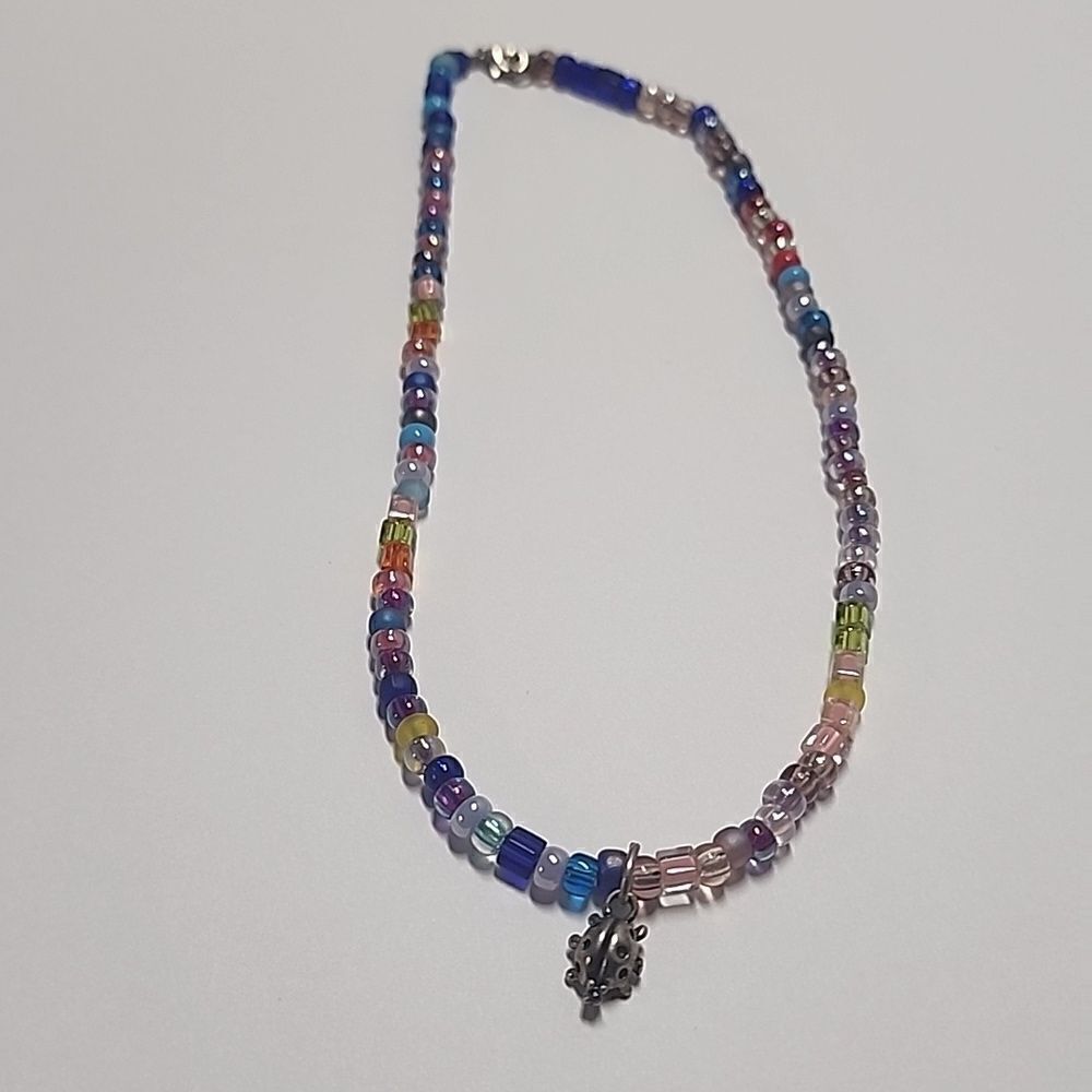 Beaded Necklace Multi Colored Beads Ladybug Charm Pendant 925 Clasp